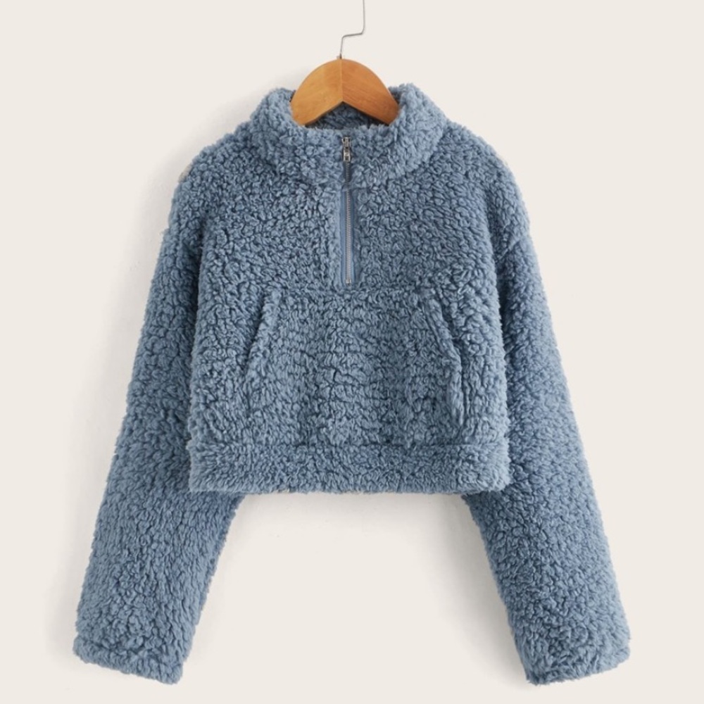 Girls Half Zip Kangaroo Pocket Drop Shoulder Teddy Sweatshirt